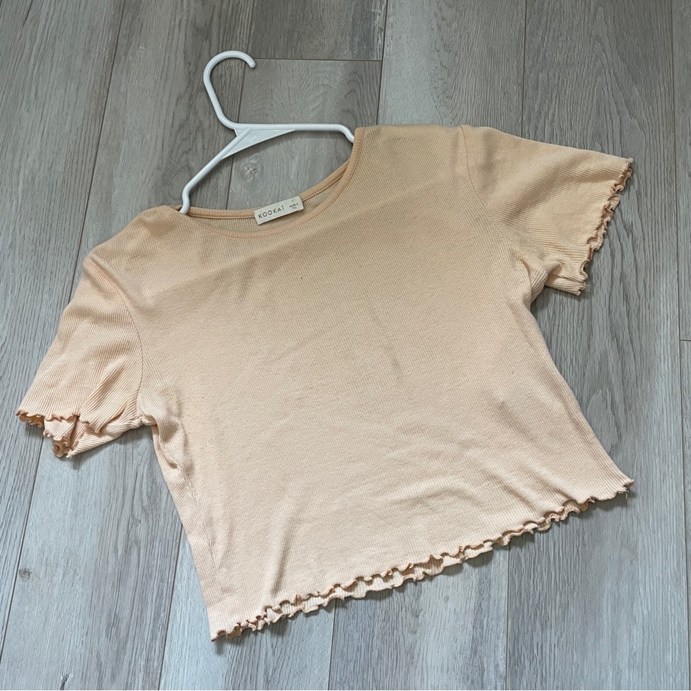 Kookai Crop Top lettuce trim ribbed womens Peach (small) minimalist casual chic